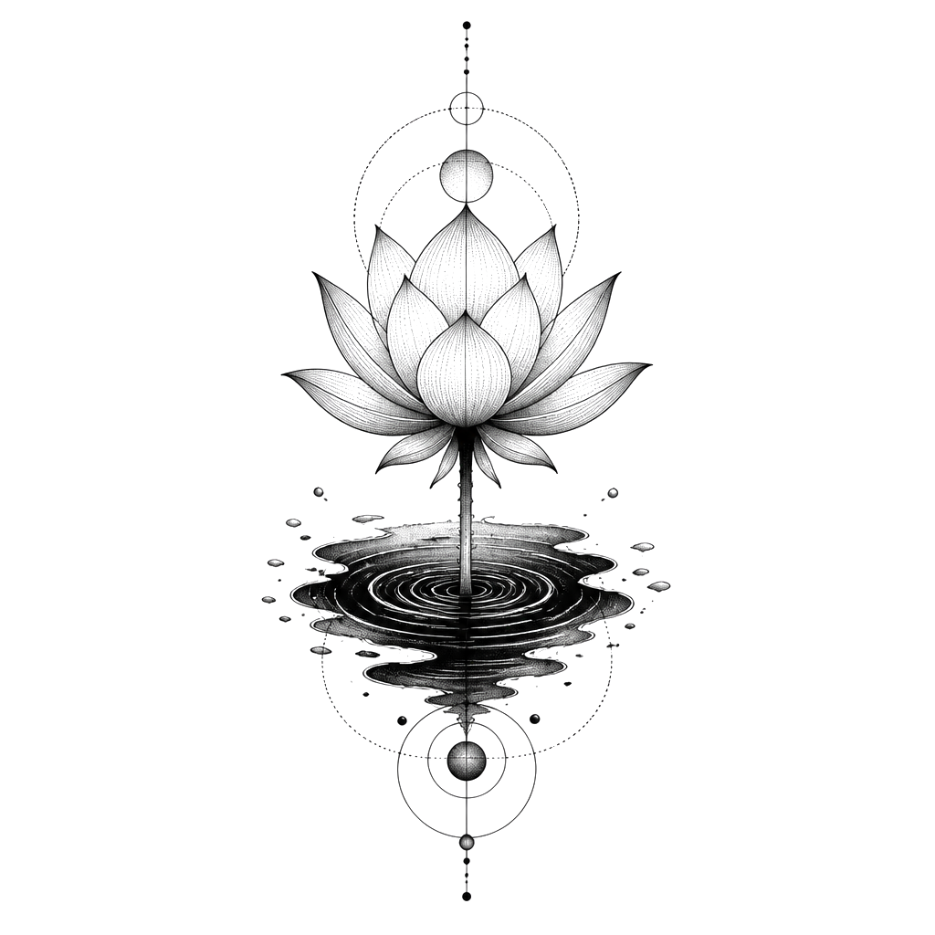 A lotus rising from dark water, dotwork shading