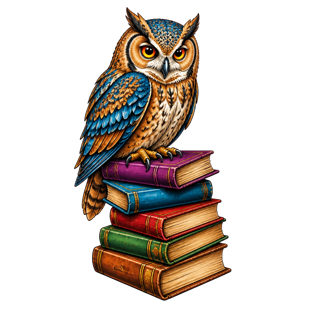 An owl perched on a leaning stack of books