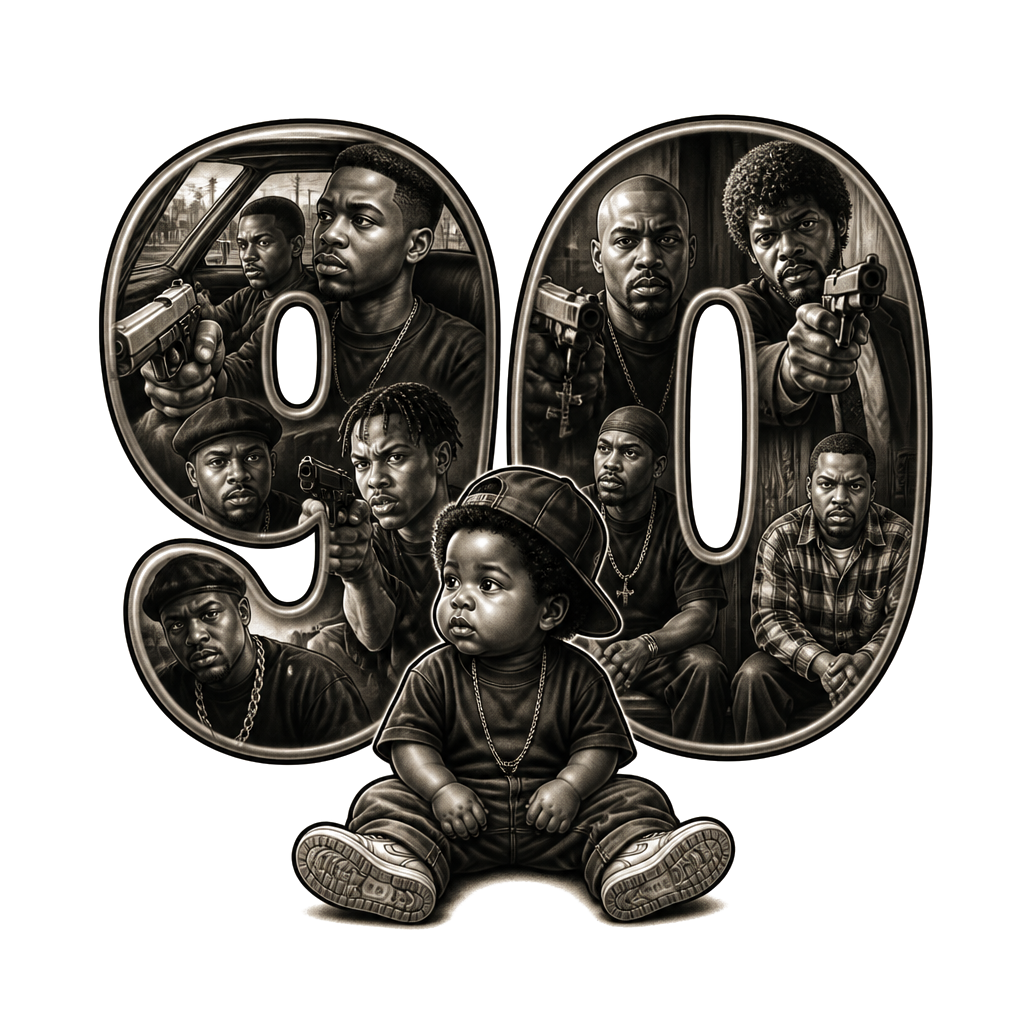 90’s baby tattoo with scenes from black movies with guns on the inside of the 90 I want the 90 to be in bubble letters and the scene on inside of them