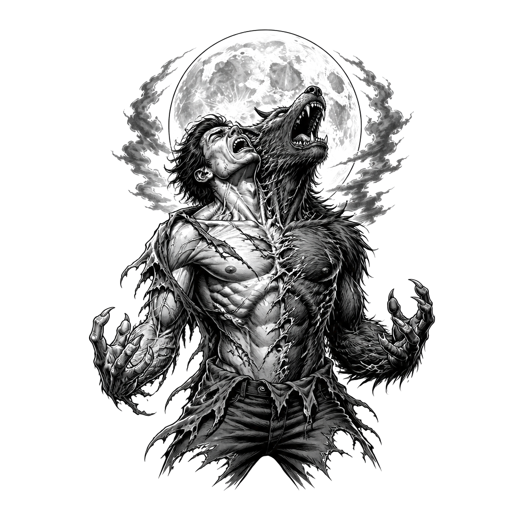 A werewolf mid-transformation under a full moon