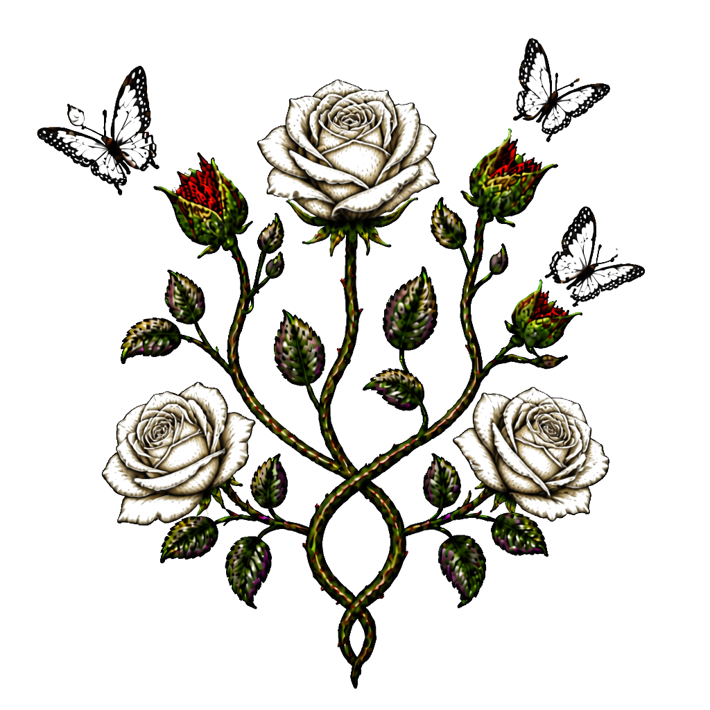 1 rote Rose, 1 geschlossene Rose wo ein Schmetterling entsteht,2 geschlossene Rosen an einen Strang wo aus den geschlossenen Rosen Schmetterlinge entstehen, 1 lila Rose und 1 rote Rose. Alles zusammen mit den Namen Fabian und Dèsirèe verbunden