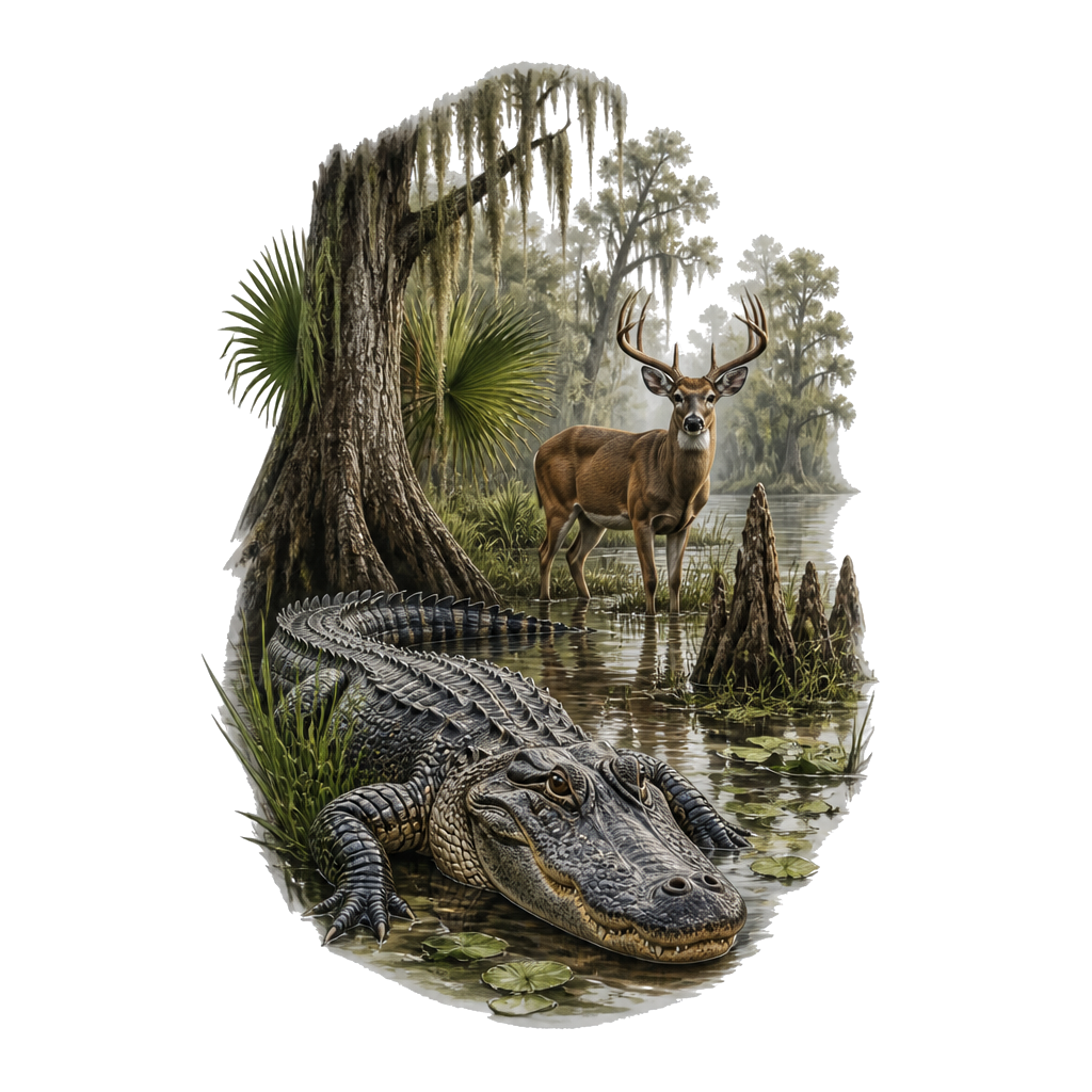 A Florida swamp with an alligator and a deer