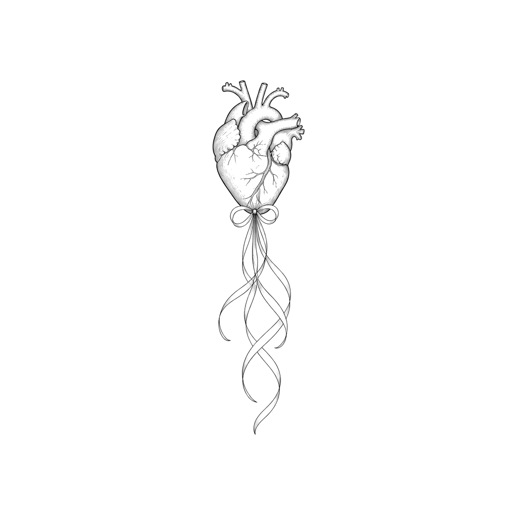 A tiny anatomical heart trailing fine ribbons