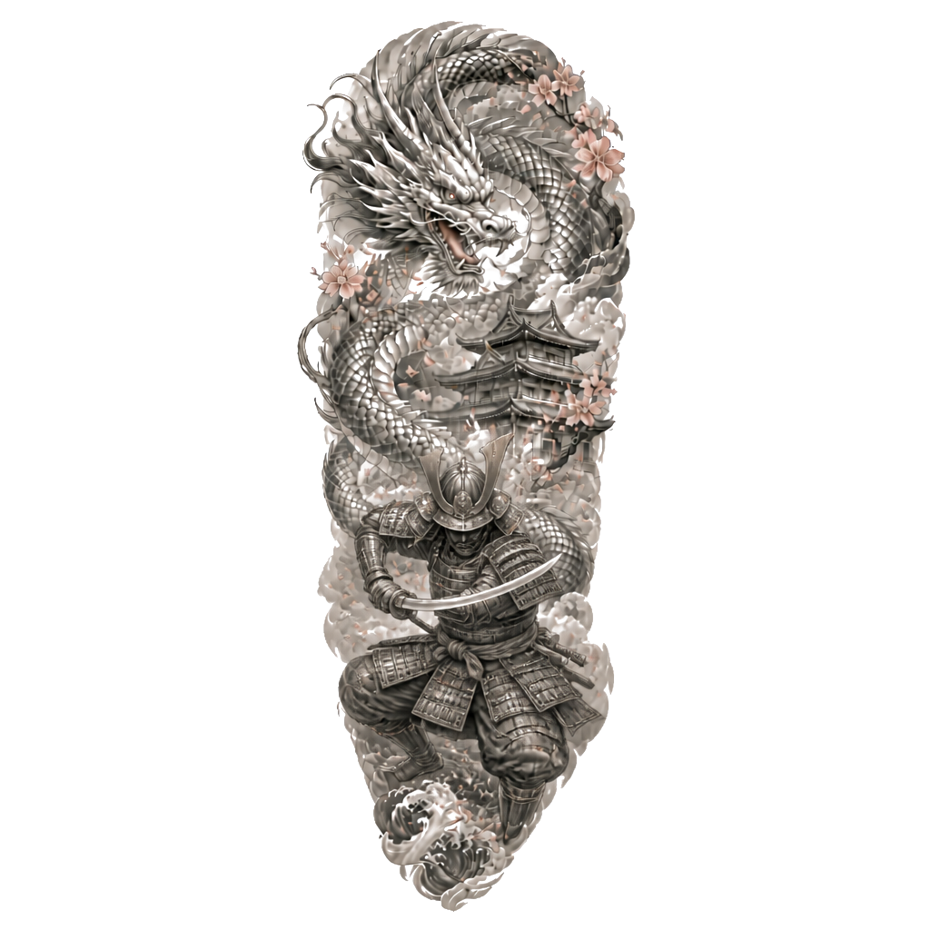 A sleeve tattoo for a man. A Japanese dragon, a warrior, a Japanese building, and some cherry blossoms with a little bit of colour