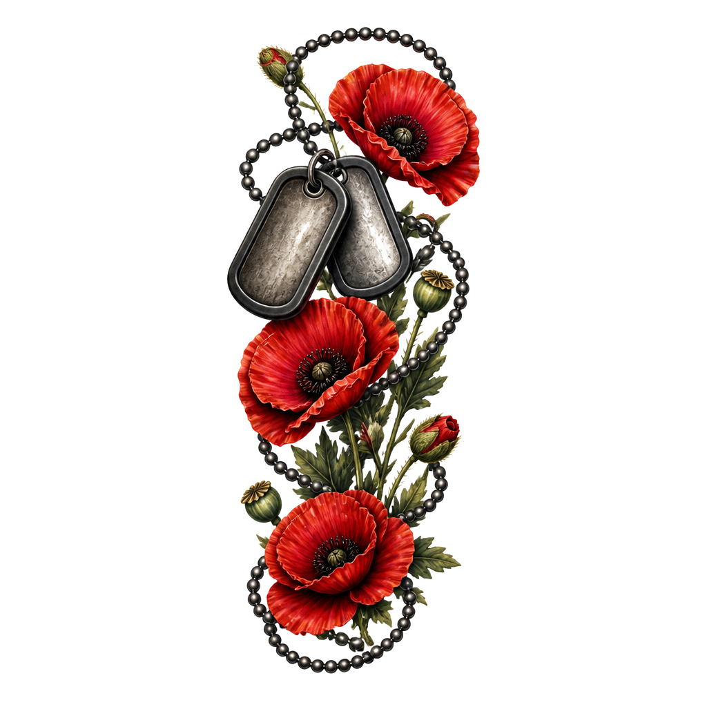 I want army dog tags to start on my bicep and the chain to wrap around my arm down onto my forearm with poppys around it