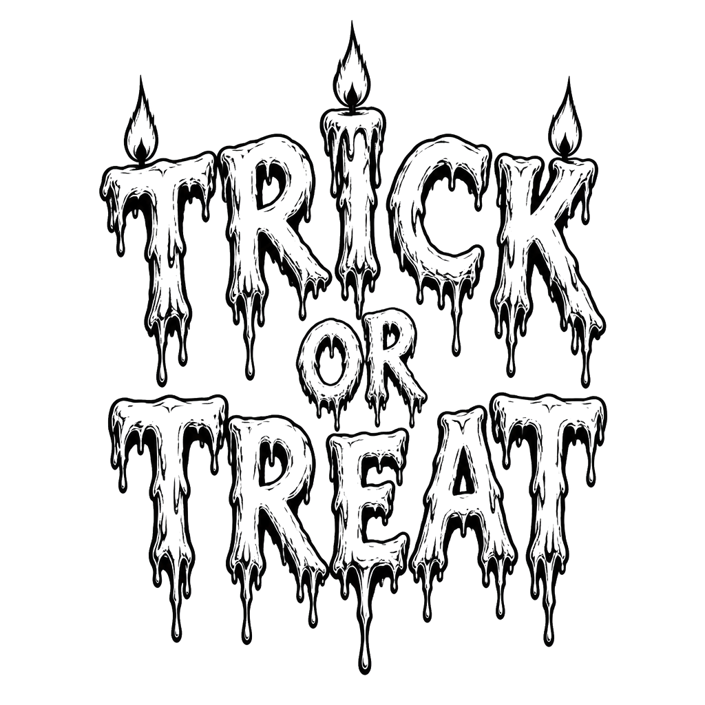 The words "trick or treat" dripping like melted candle wax