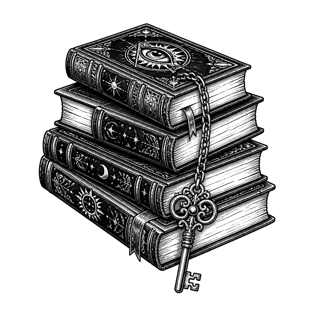 A stack of spellbooks with a key on a chain