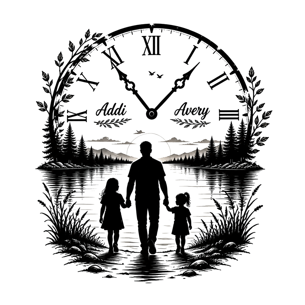 Lake background with a dad and two little girls walking towards it holding hands. One girl taller than the other. A clock with Roman numerals and the little girls names Addi and Avery somewhere in it. Make the people in it black shadows not actual people.
