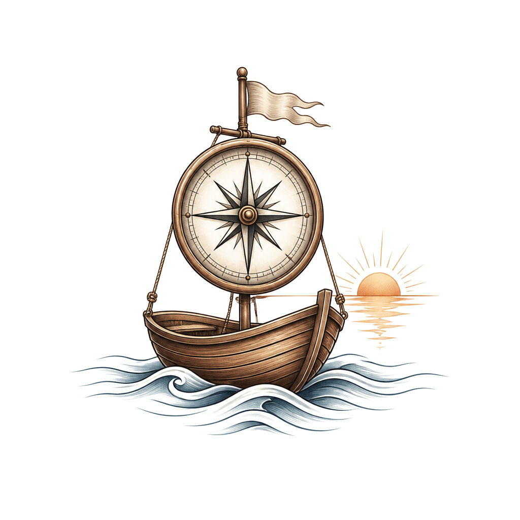 A small wooden sailboat carrying a compass as its sail, with gentle wave lines beneath and a subtle summer sun on the horizon.