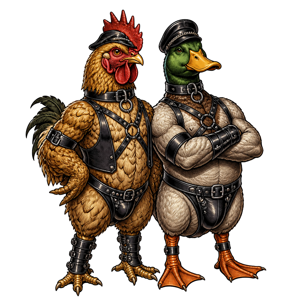 Chicken and duck in leather touled leather