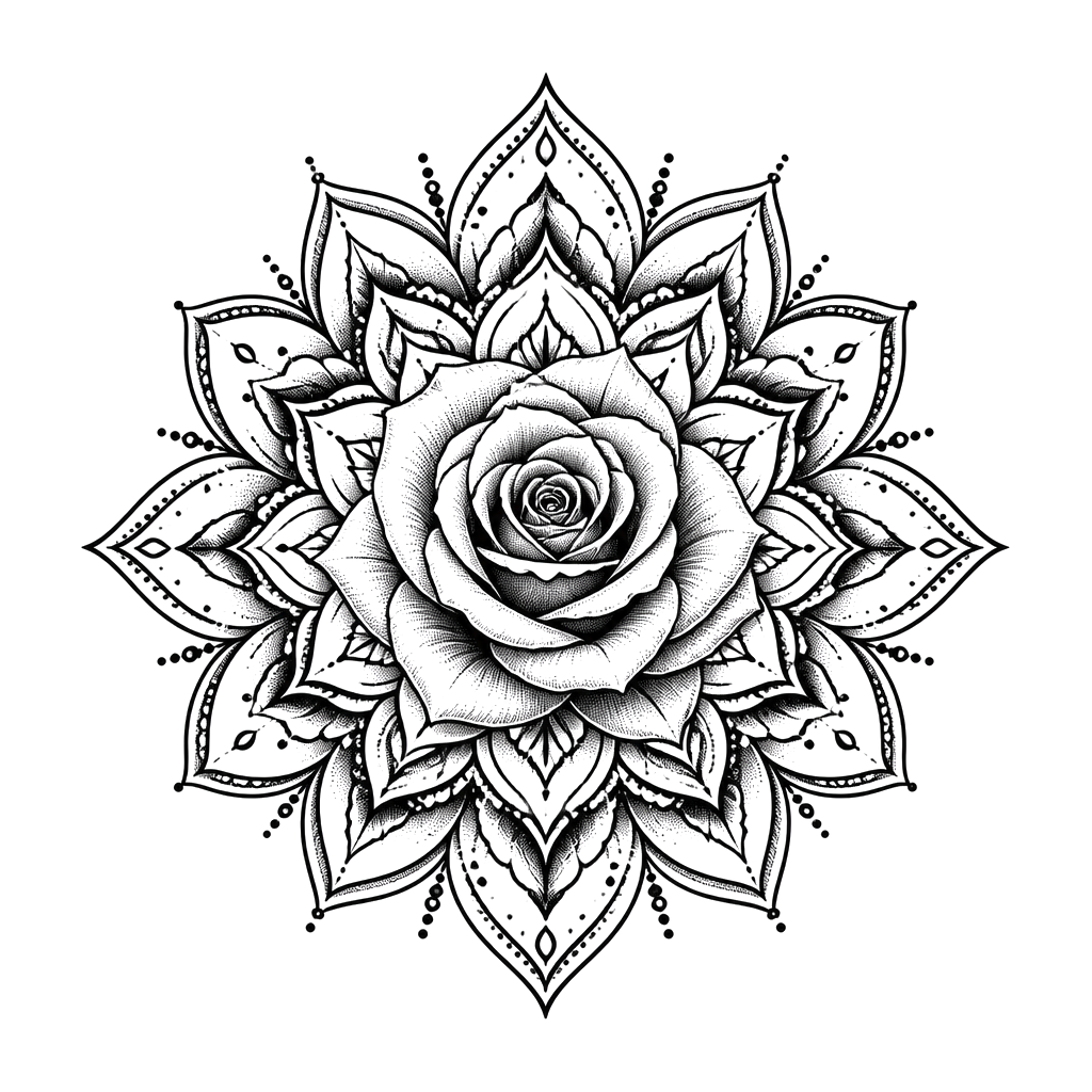 A rose blooming at the heart of a mandala