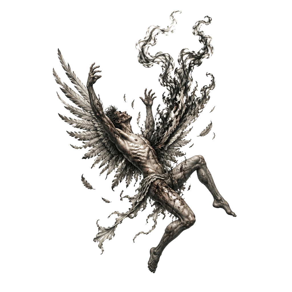 Icarus mid-fall, feathers turning to smoke