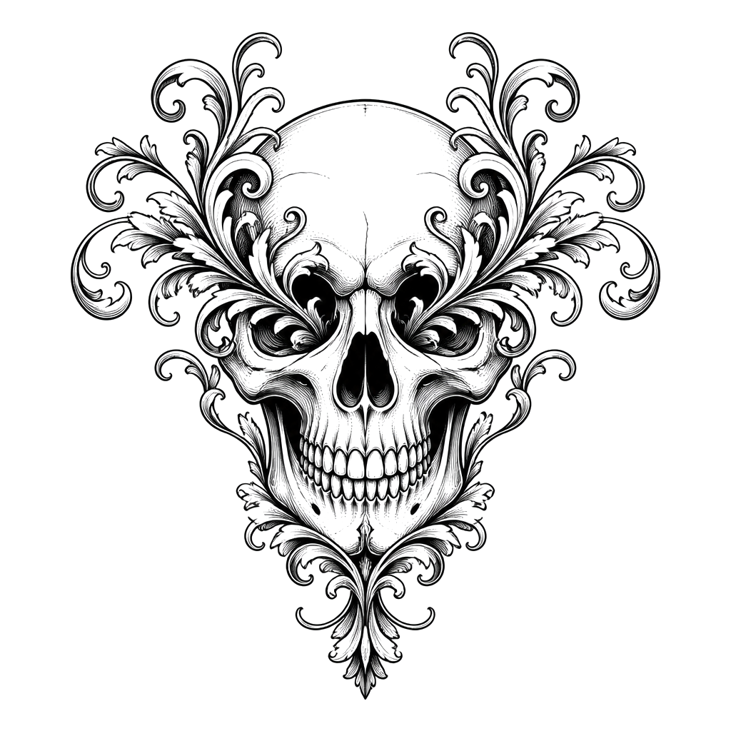A skull with filigree scrollwork blooming from its eye sockets