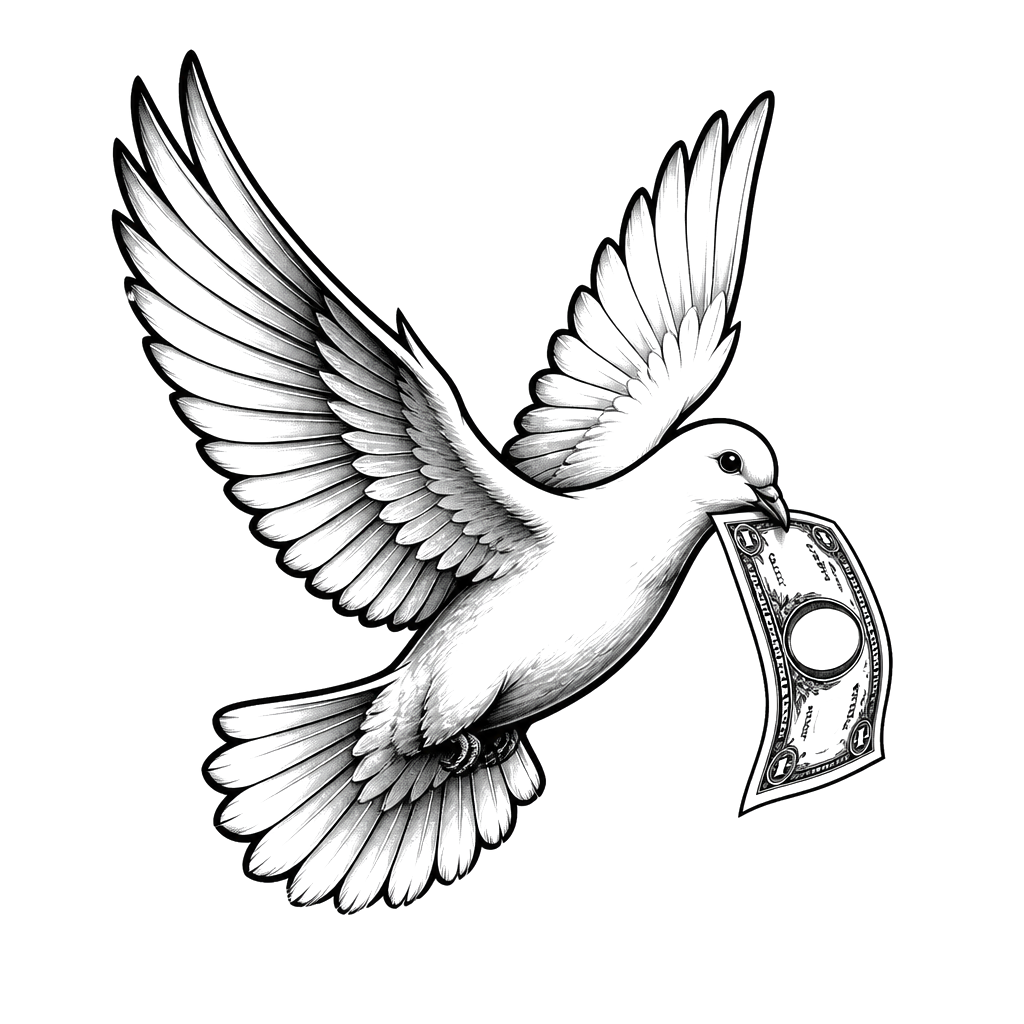 A dove carrying a banknote in its beak instead of an olive branch.
