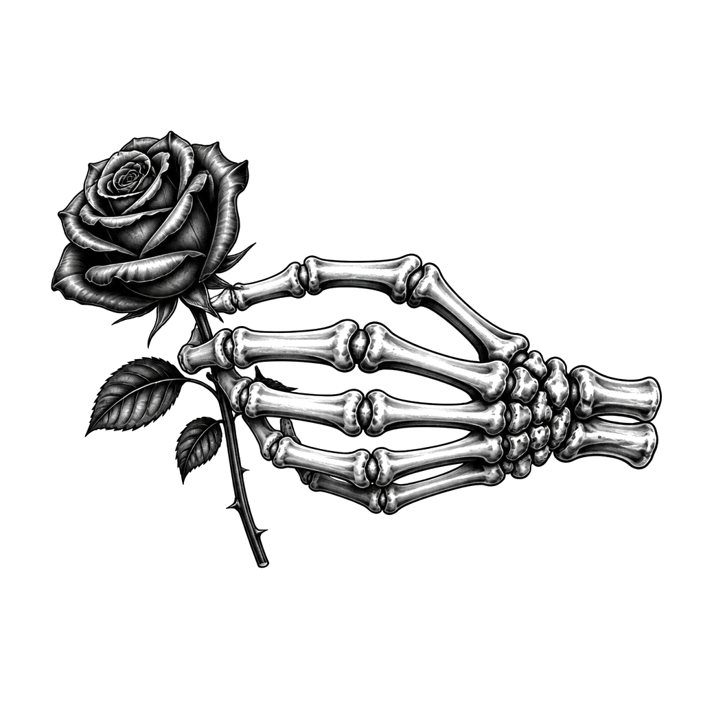 A skeleton hand holding something fingers facing the left