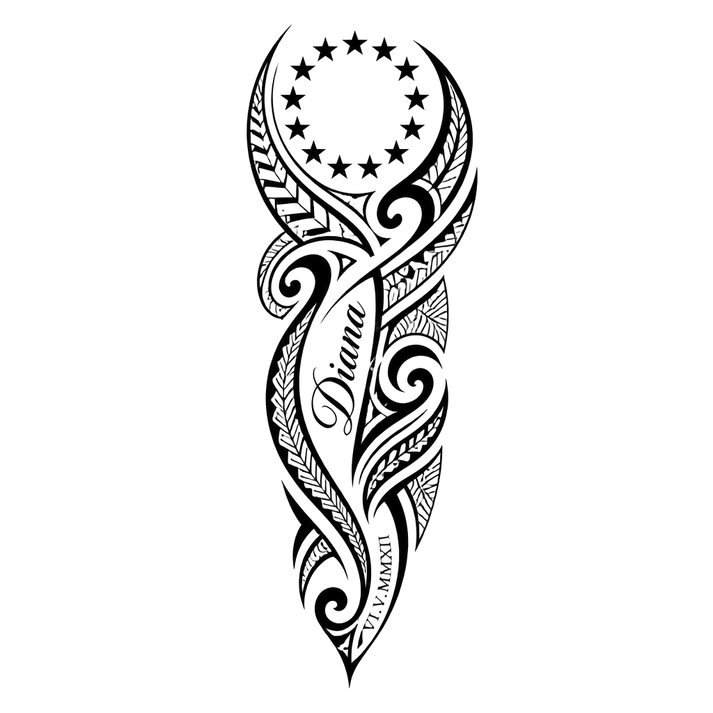 Add cook island patterns and Samoan patterns then the 15 stars in a circle plus the name : “Diana” and date “06.05.2023” in Roman numerals make name and date small. Place on the forearm. Make sure name is vertical