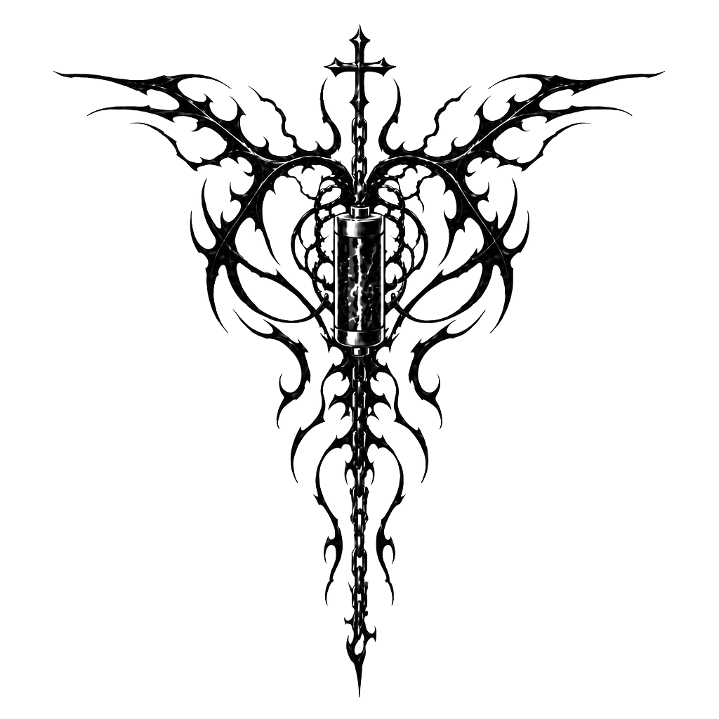 Design me a tattoo for my back that goes from shoulder blade to shoulder blade and these down into the spine with a chain hanging, and a battery powering the tattoo