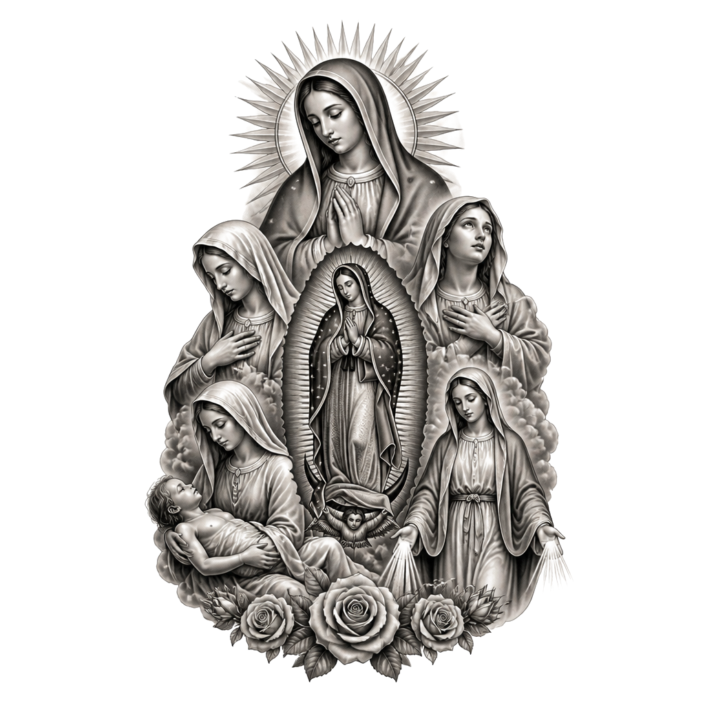 Different tattoos of the virgin mary
