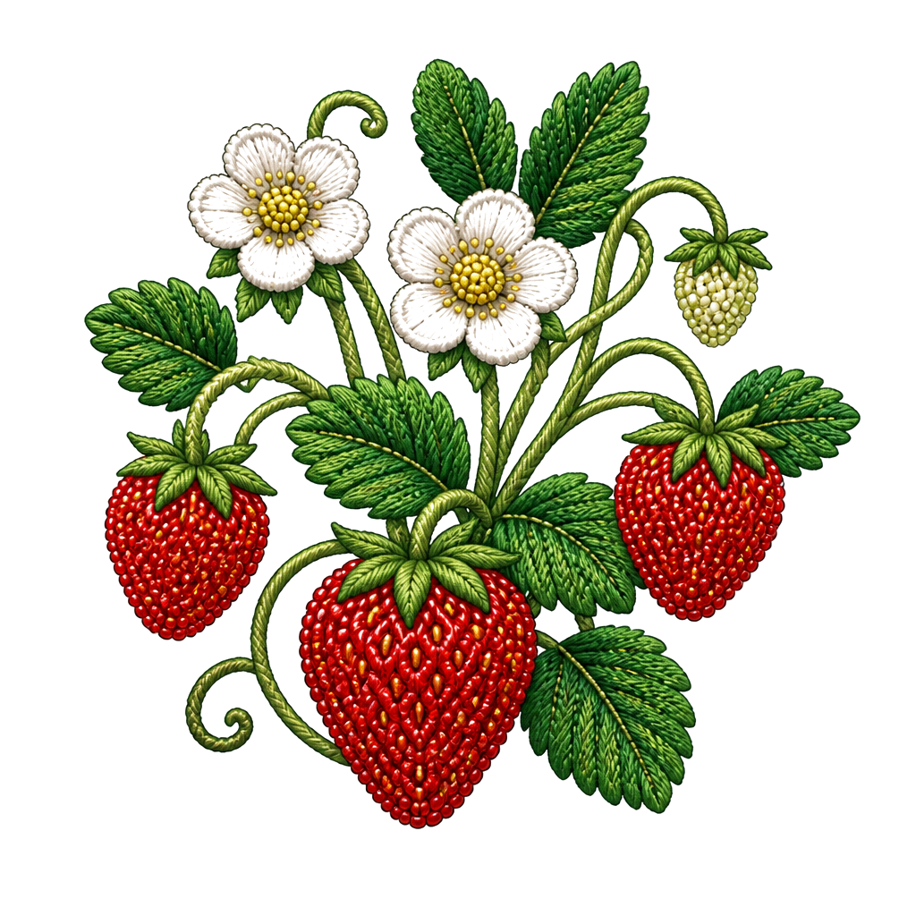 A strawberry patch stitched with tiny seed beads
