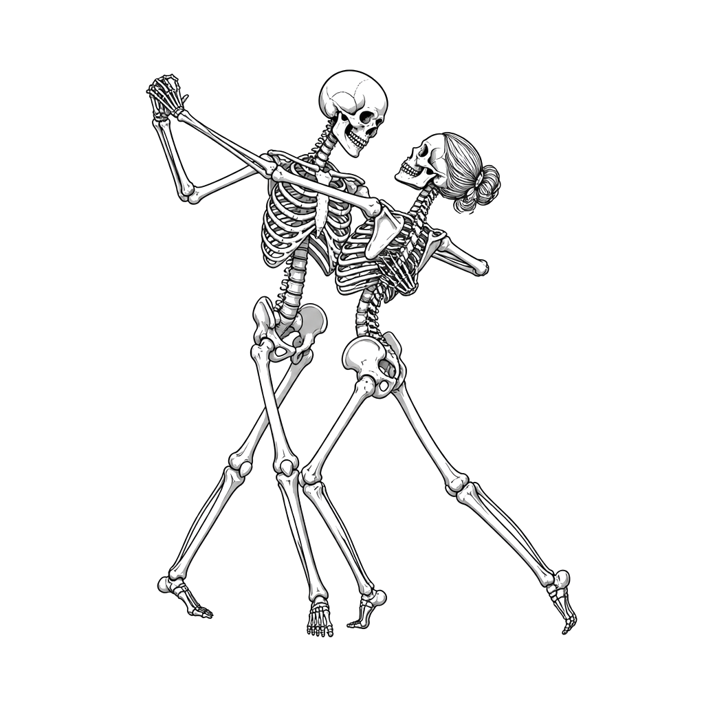 two lovers dancing a graceful dance with an open stance, but as skeletons.