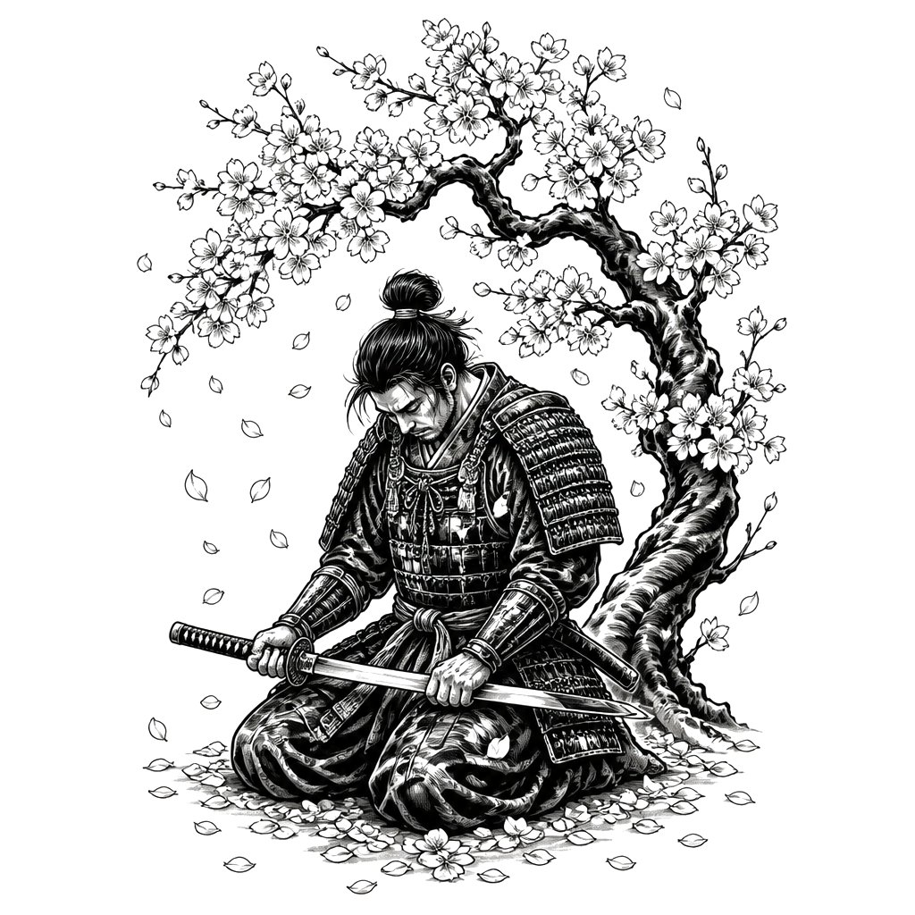 A samurai kneeling with his sword beneath falling cherry blossoms