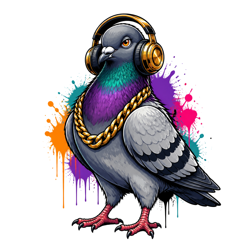 A pigeon wearing a gold chain and headphones