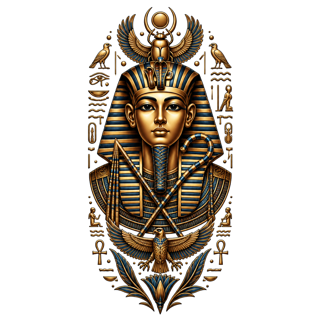 King tut with Egyptian hieroglyphs