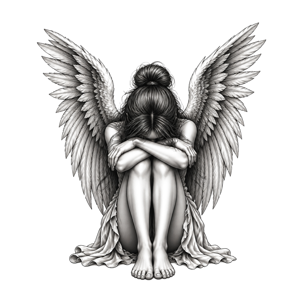 A girl with wings sitting down with her head down