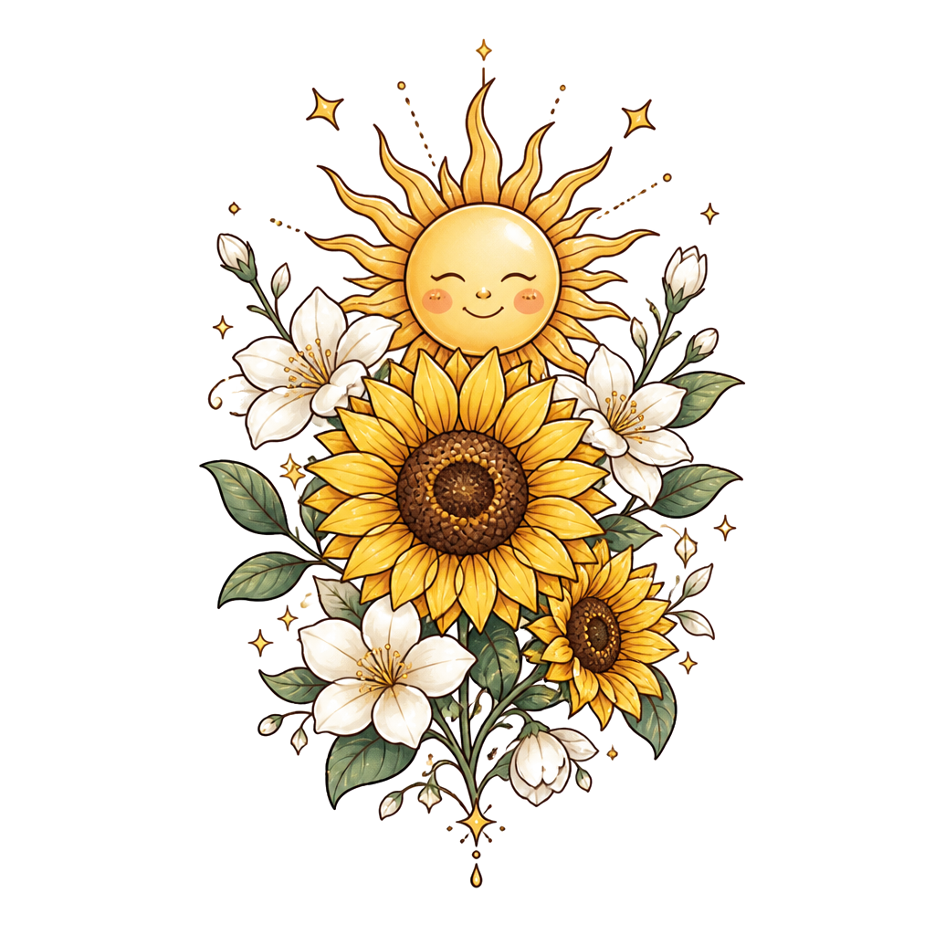 太陽　向日葵　茉莉花　を組み合わせた可愛いイラスト
