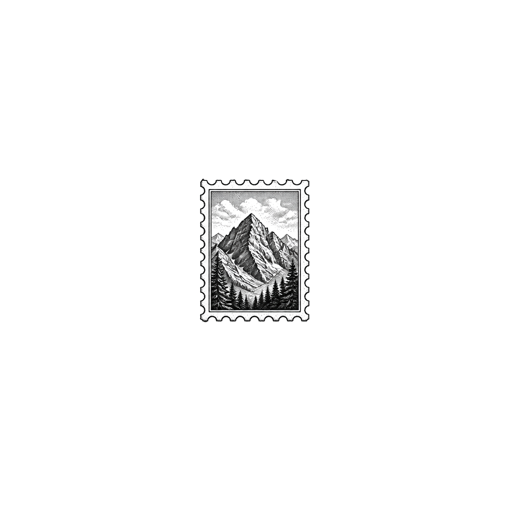 A tiny postage stamp with a mountain scene