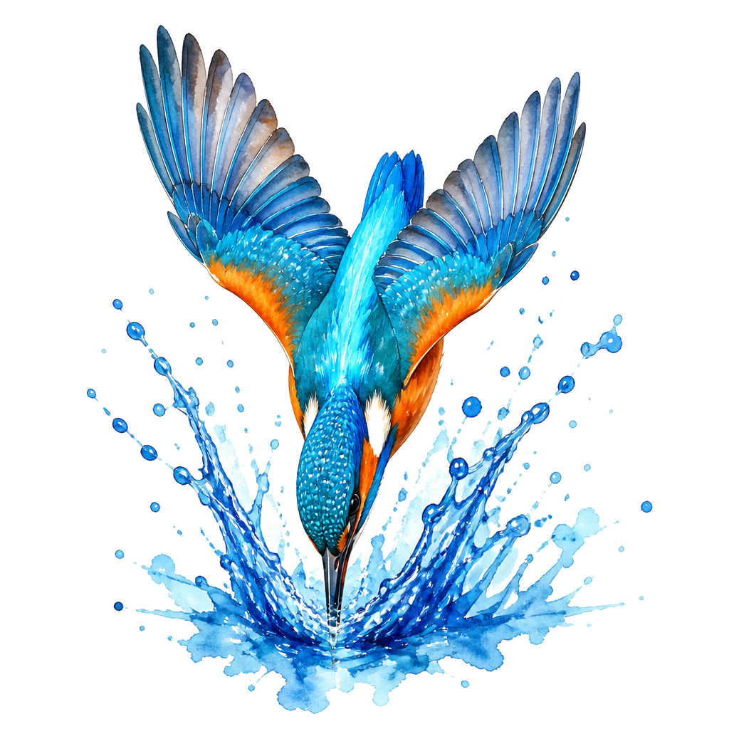 A kingfisher diving into a splash of blue