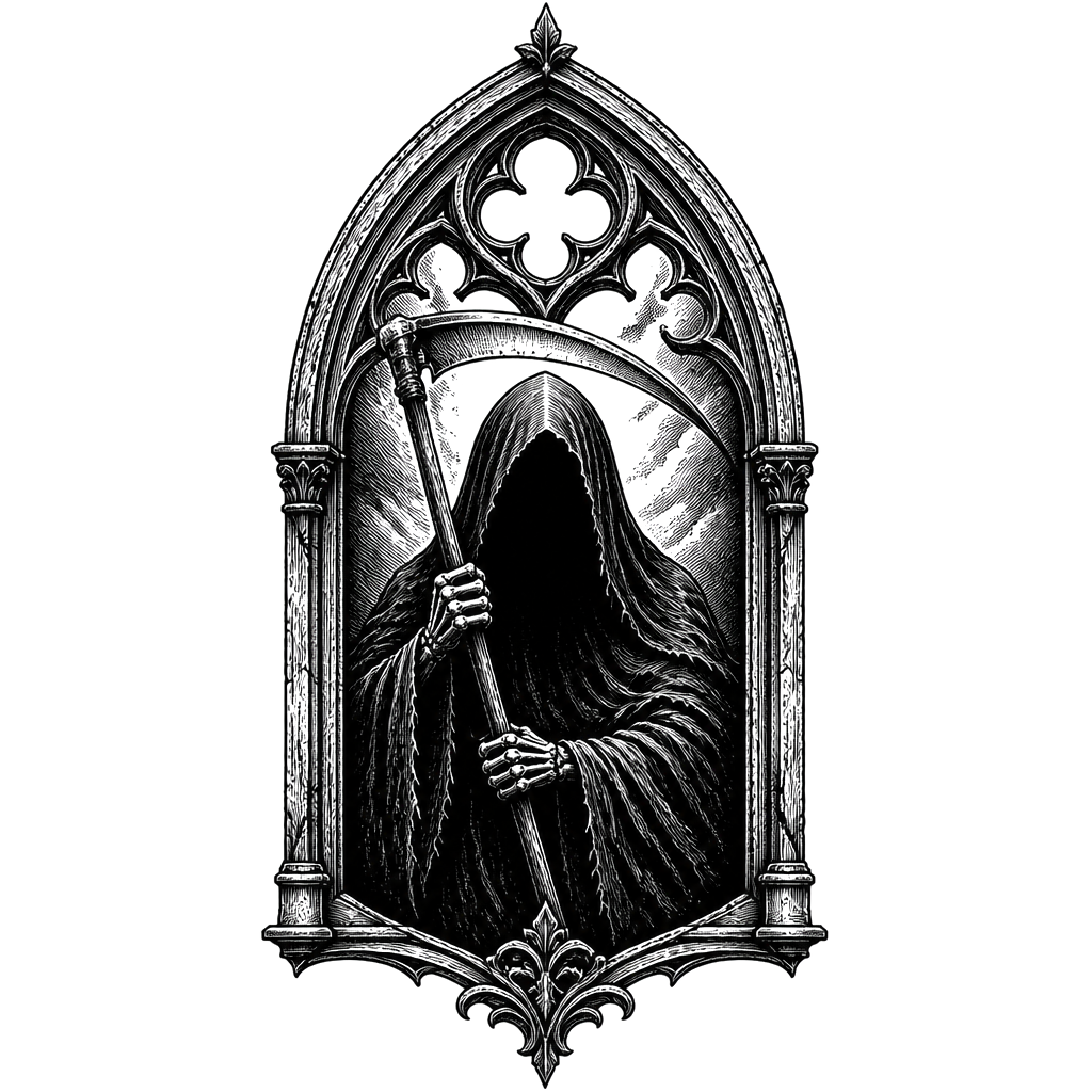 A reaper's hooded silhouette framed inside a gothic window arch