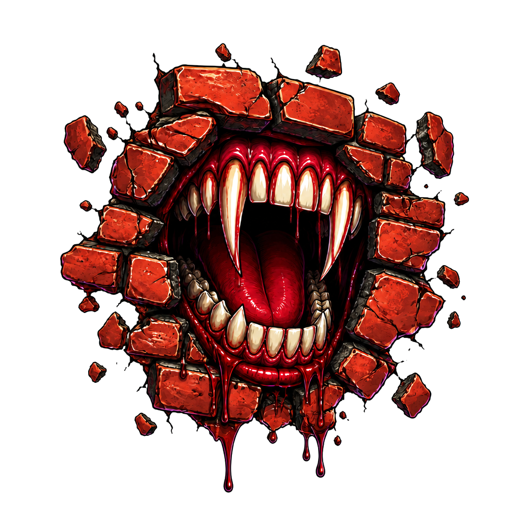 A vampire mouth ripping through a brick wall