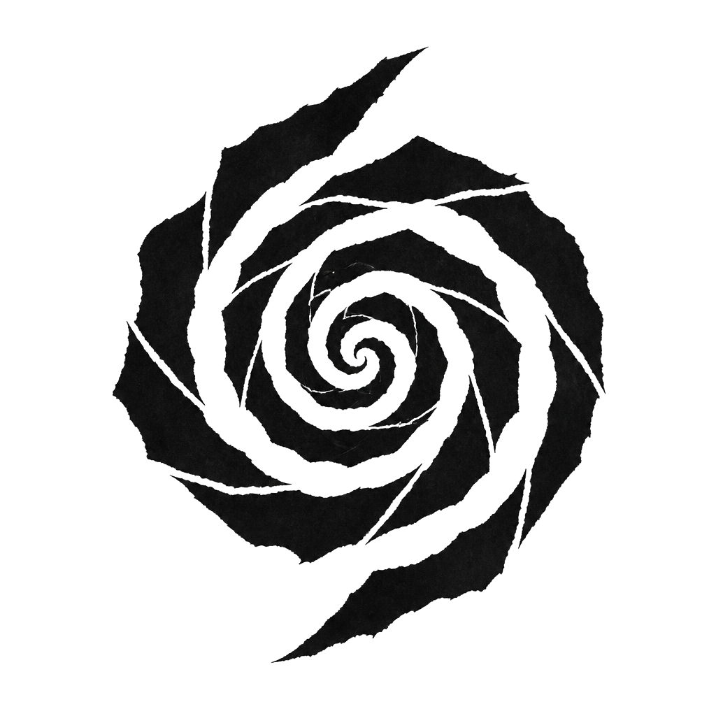 A spiral of torn black paper strips