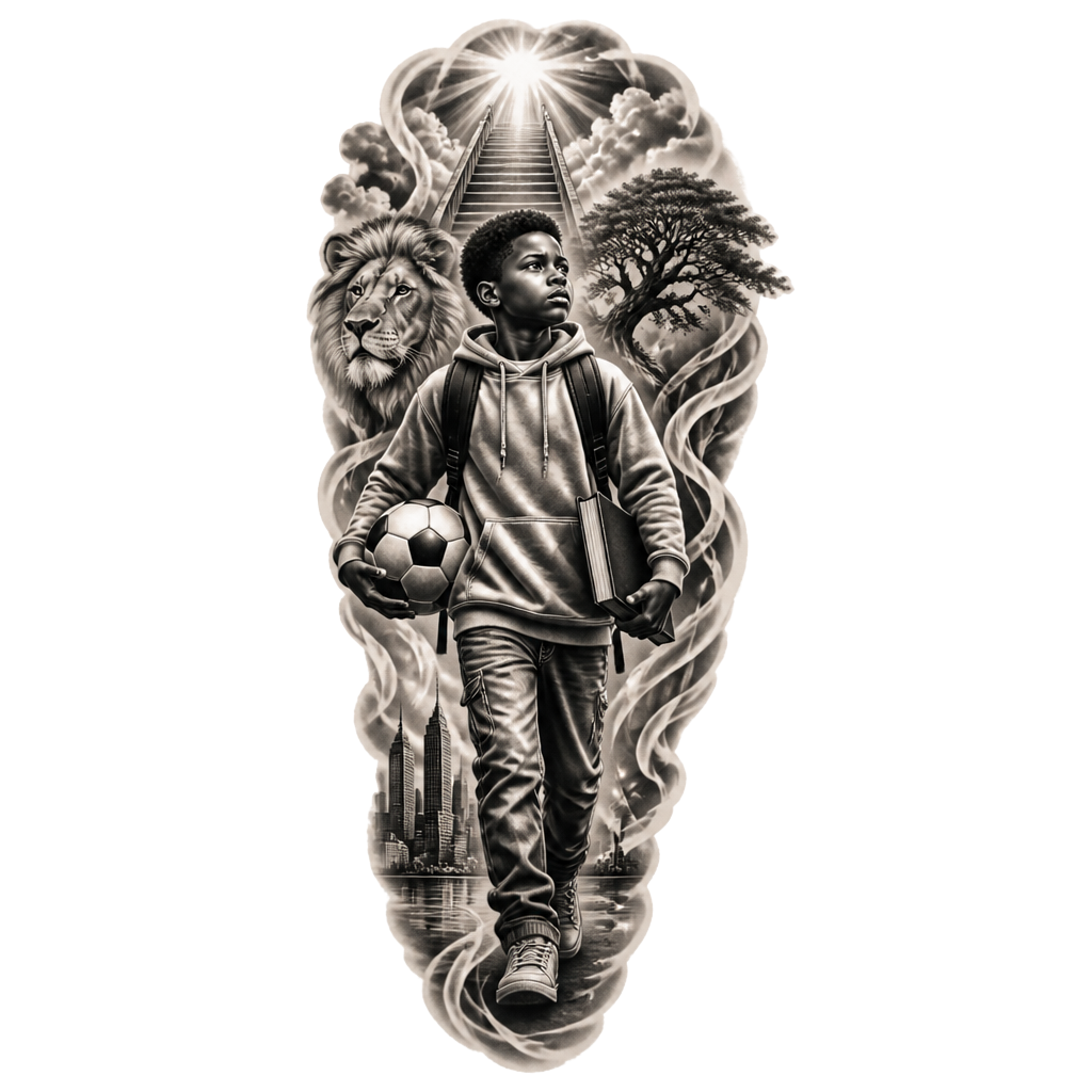 Black Boy walking with football in one hand the other a book tattoo sleeve with verse