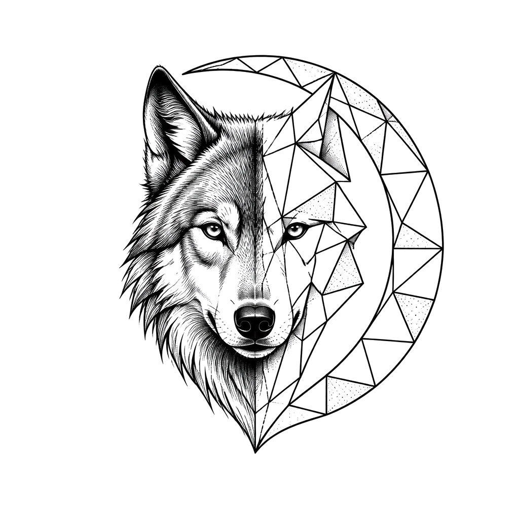 A wolf head half-formed by a geometric crescent