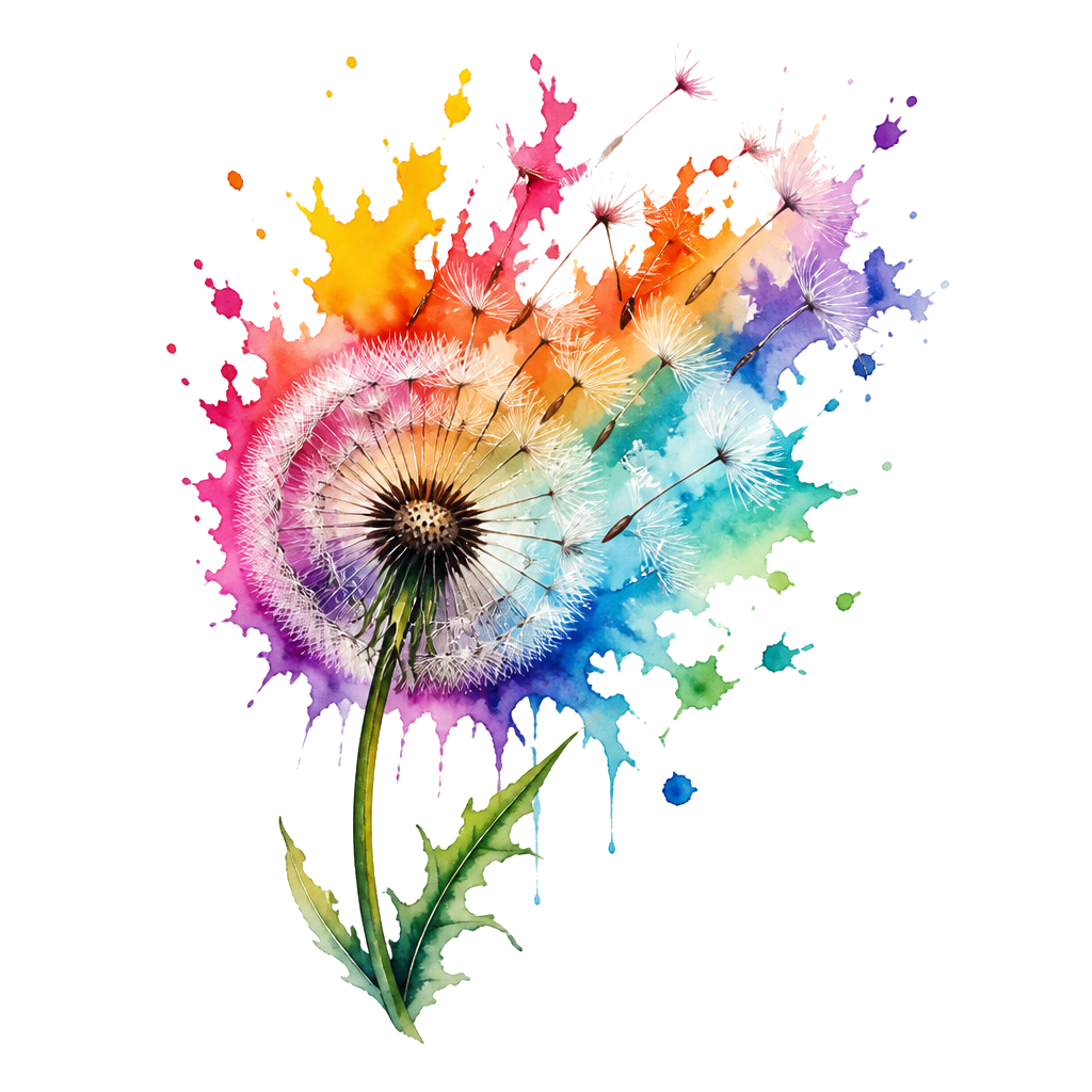 A dandelion scattering into color splashes
