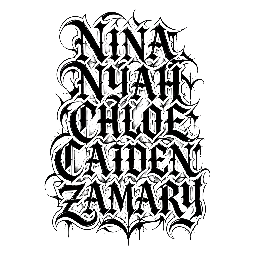 NINA
NYAH
CHLOE 
CAIDEN 
ZAMARY 
In old English letters