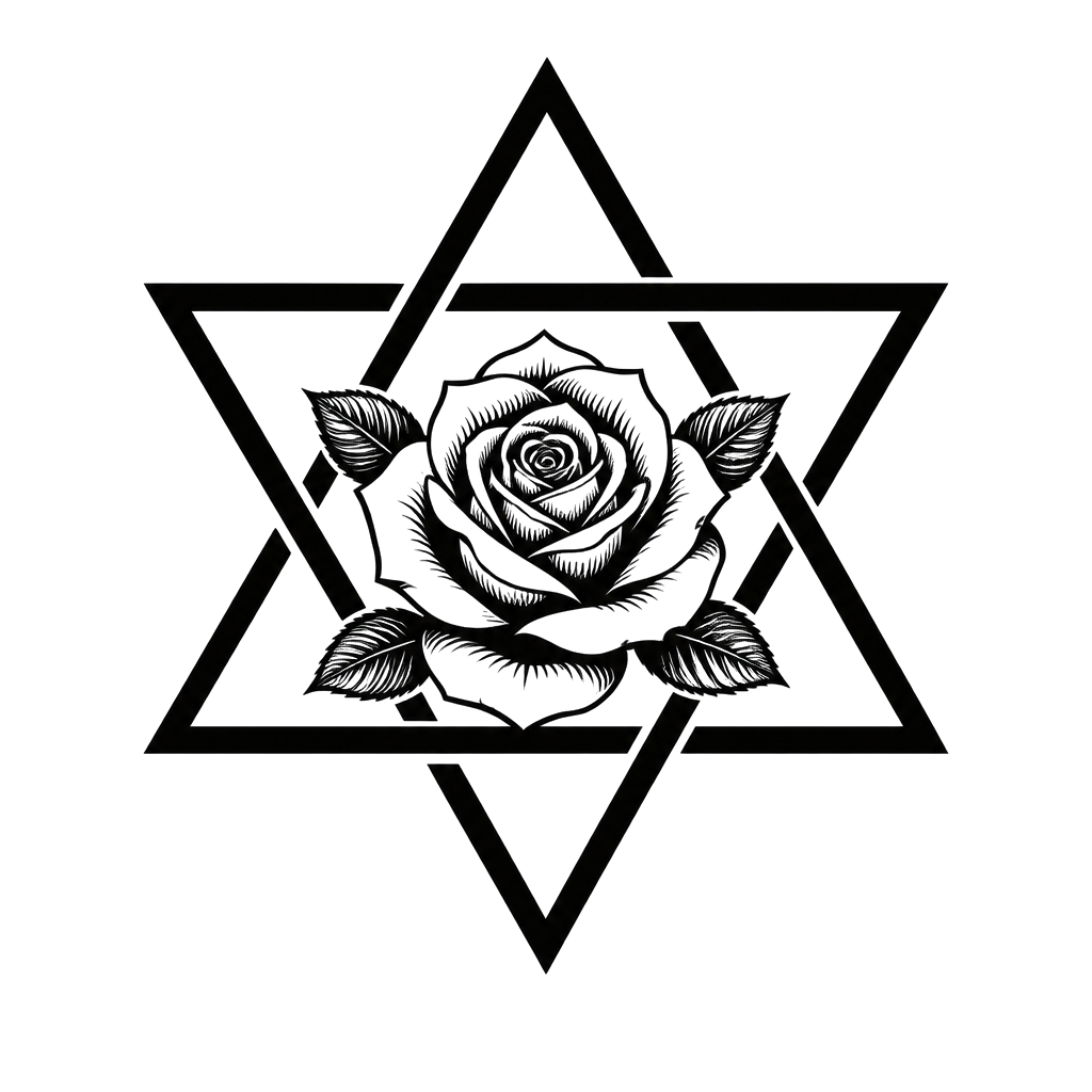 A unicursal hexagram with a rose blooming at its center