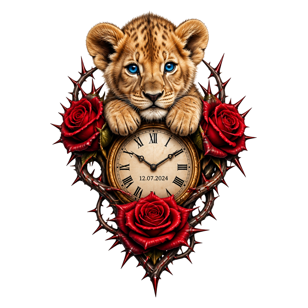I want a baby lion blue eyes with a clock with a date on it, with red spiky roses with the name Luella on it