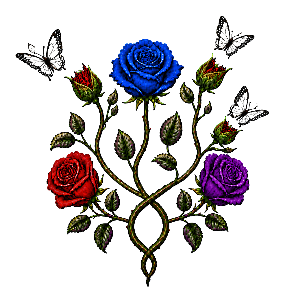 1 rote Rose, 1 geschlossene Rose wo ein Schmetterling entsteht,2 geschlossene Rosen an einen Strang wo aus den geschlossenen Rosen Schmetterlinge entstehen, 1 lila Rose und 1 rote Rose. Alles zusammen mit den Namen Fabian und Dèsirèe verbunden