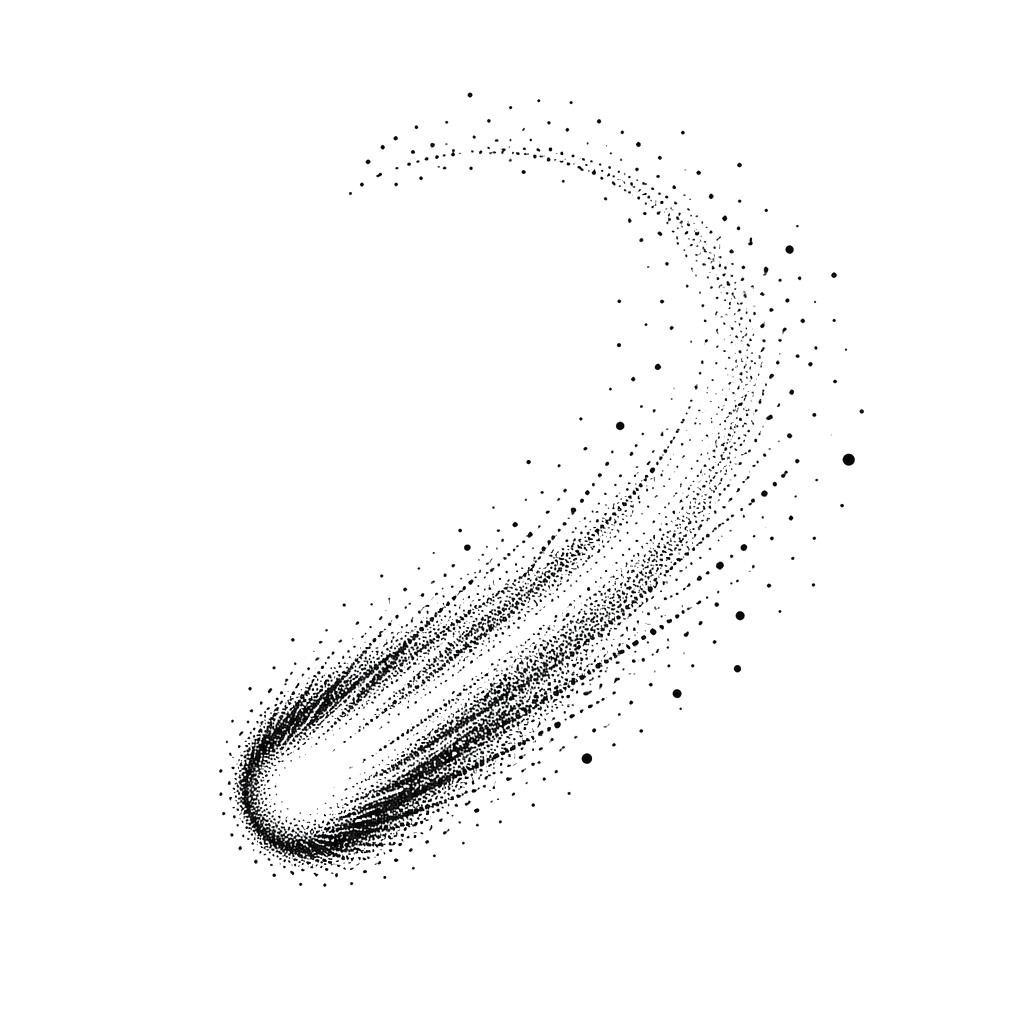 A comet trailing a curve of scattered dots