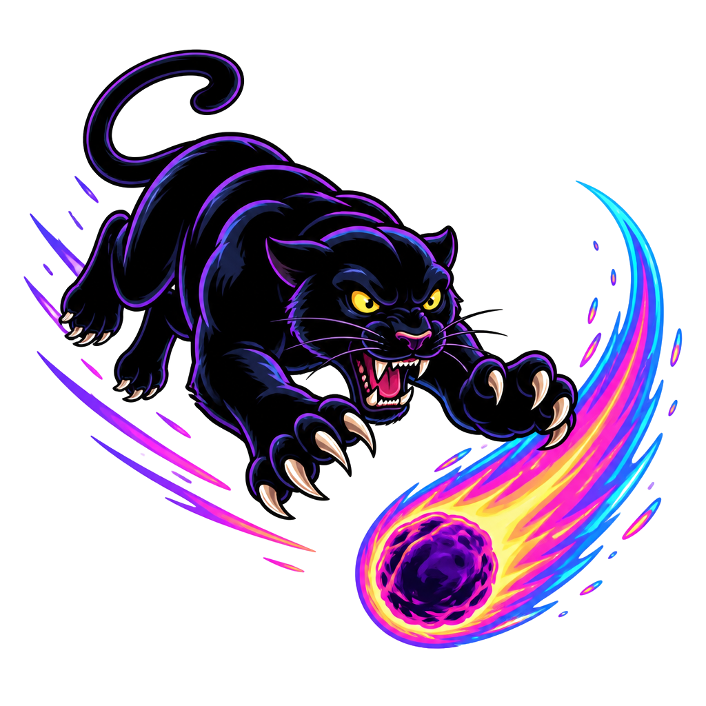 A cartoon panther chasing a neon comet