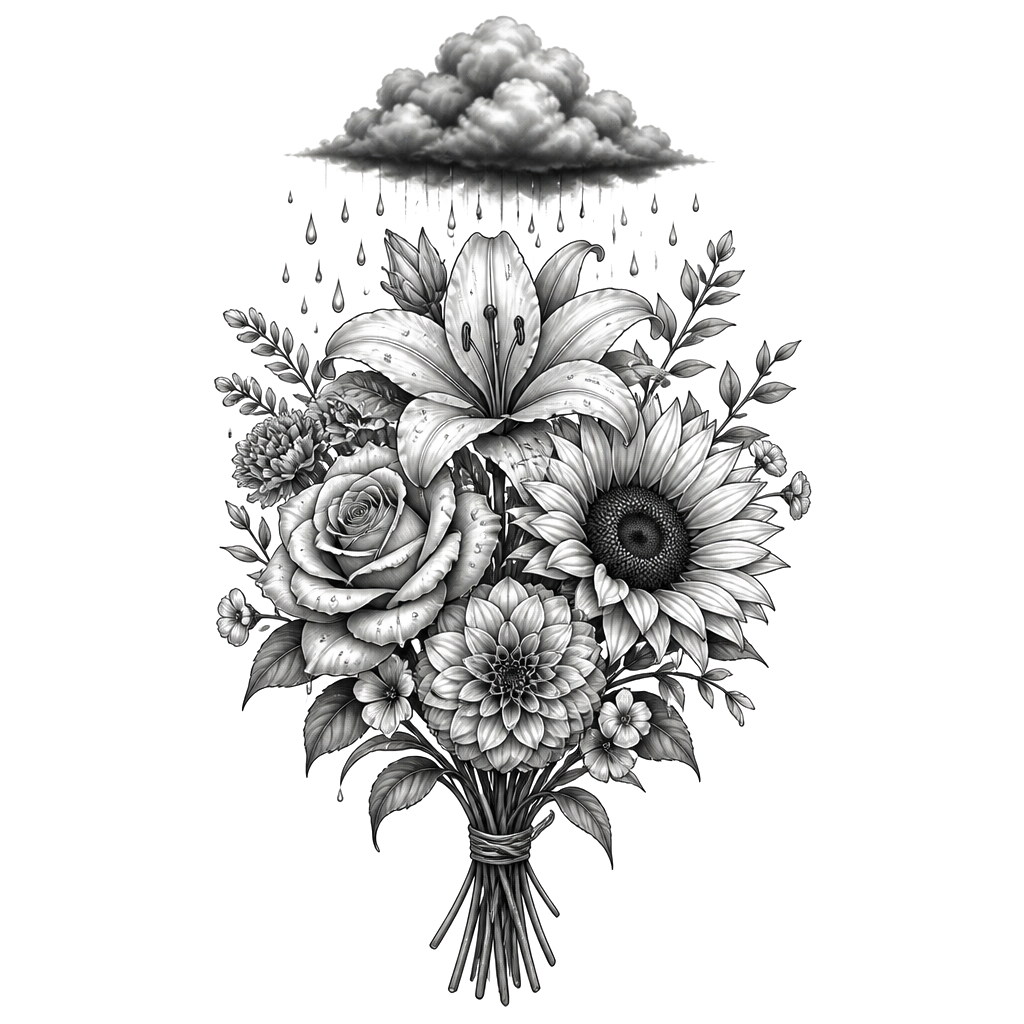 “No rain, no flowers” with a bouquet of flowers