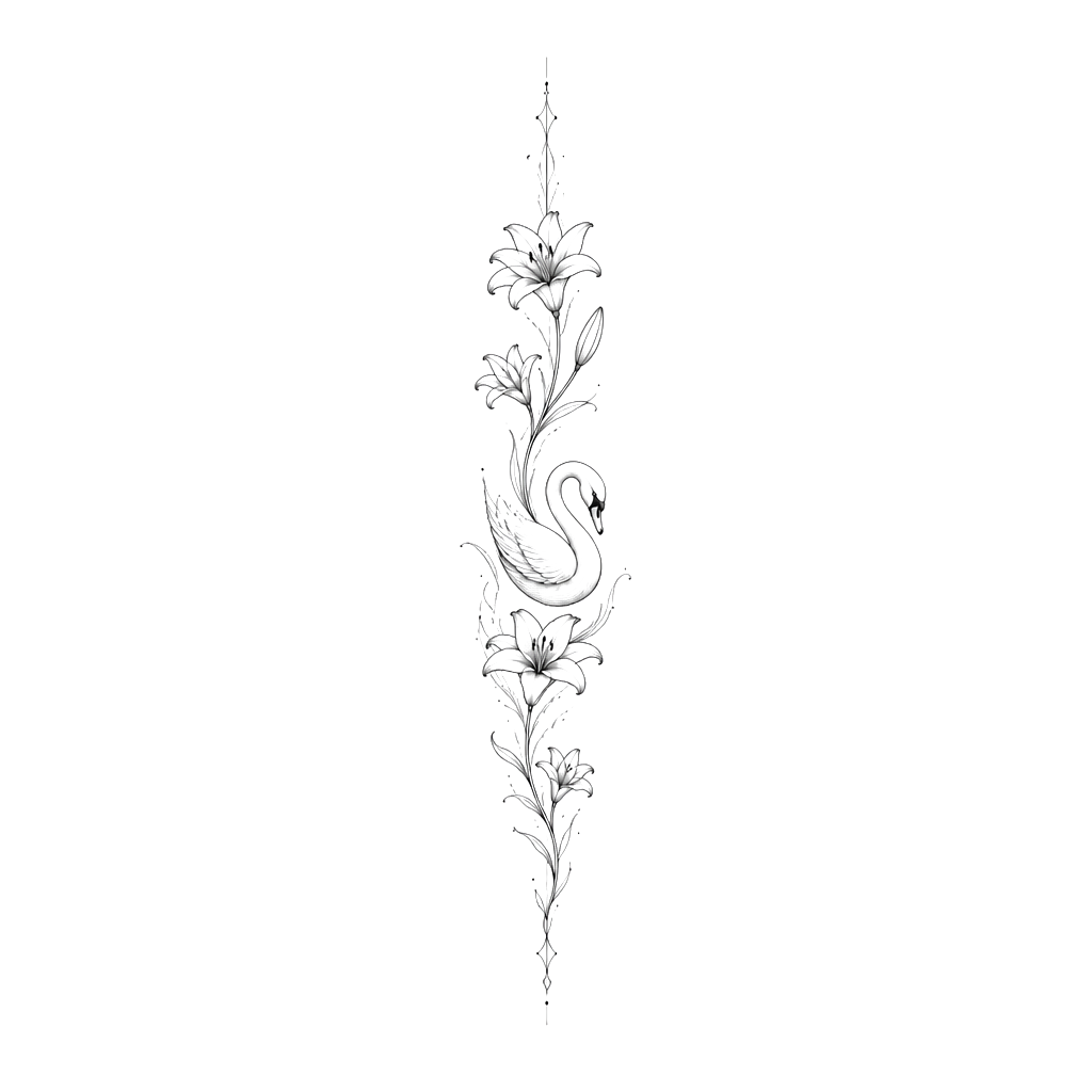 Make me a design of a fineline spine tattoo. I want it mostly central and I want it to include a lily flower (or multiple) and a swan (or multiple)