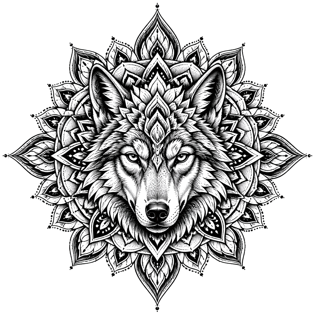 A wolf face emerging from a mandala wheel