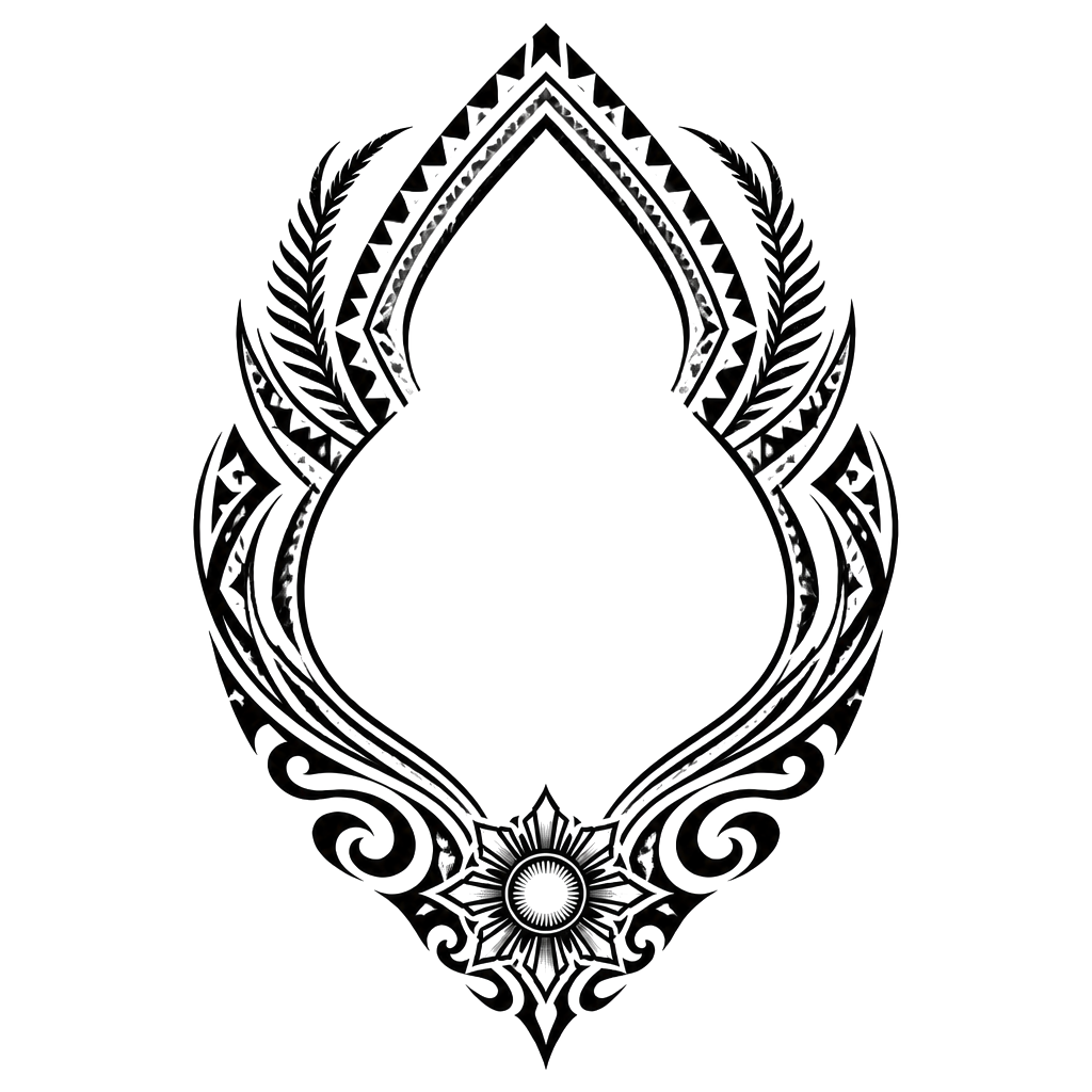 A powerful Filipina grandmother embracing a heart, framed by Philippine tribal patterns that flow into protective symbols of strength and enduring love.
