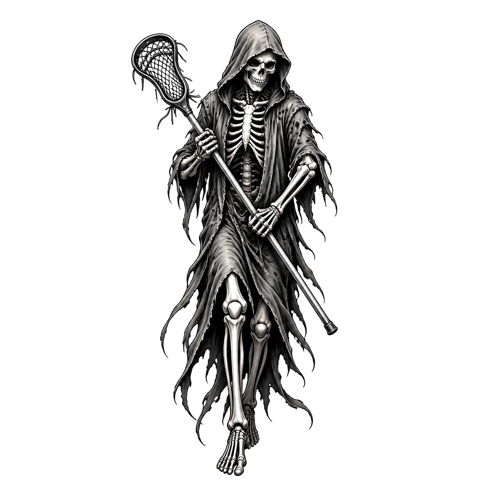 Design a slim reaper or skeleton type with a lacrosse stick on the outer forearm