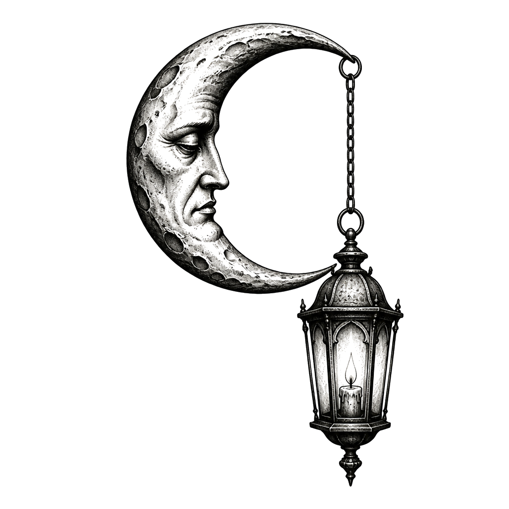 A lantern hanging from the tip of a crescent moon