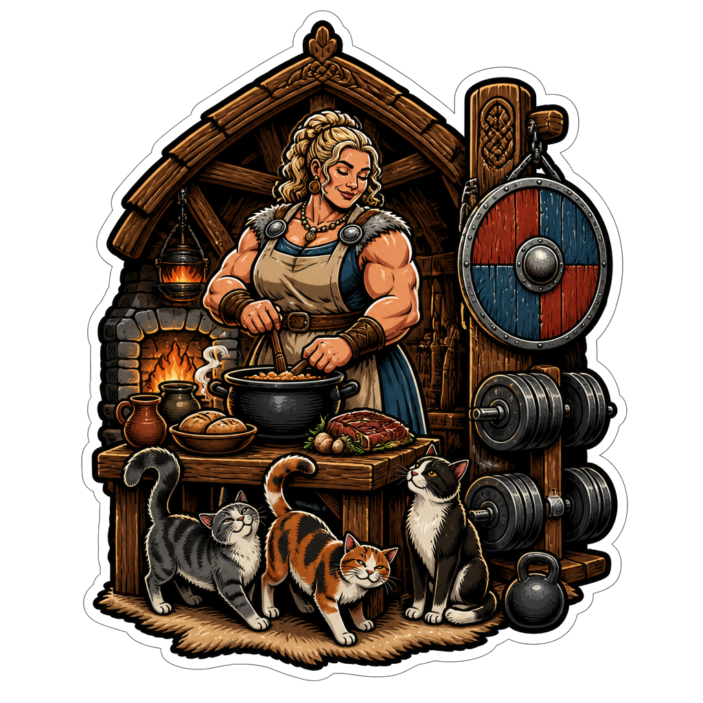 A Viking longhouse kitchen with a muscular cook resembling mother, cats weaving around her feet, and a Valheim-inspired shield hanging beside neatly stacked gym weights.